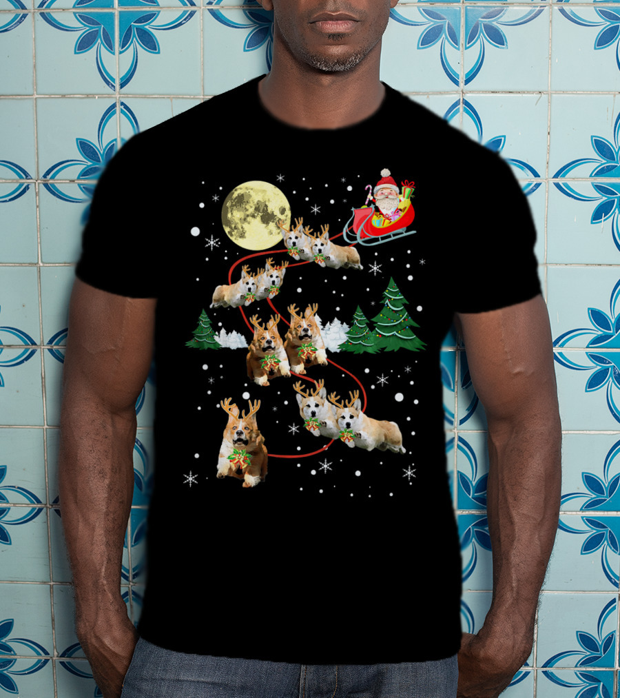 Reindeer Corgi Christmas Santa Sleigh Moon Trees Snowflakes T-Shirt