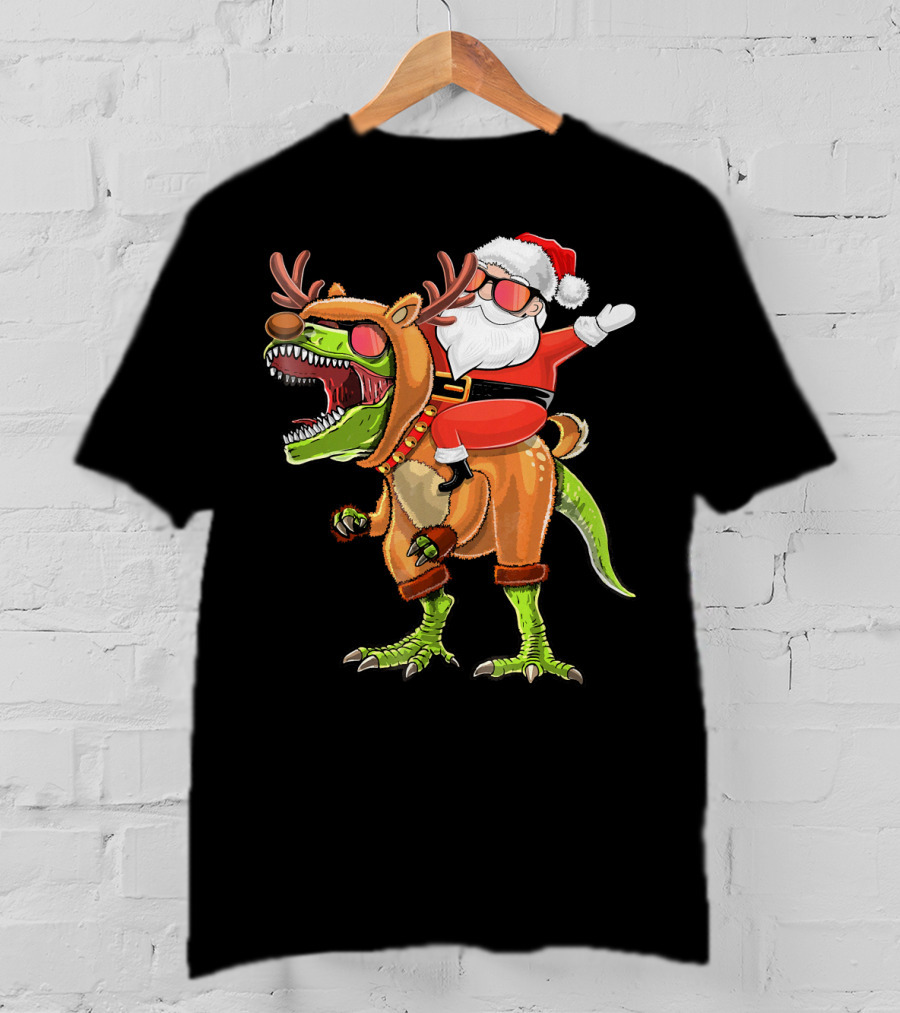 Santa Riding Reindeer Rex Dinosaur With Holiday Cheer T-Shirt