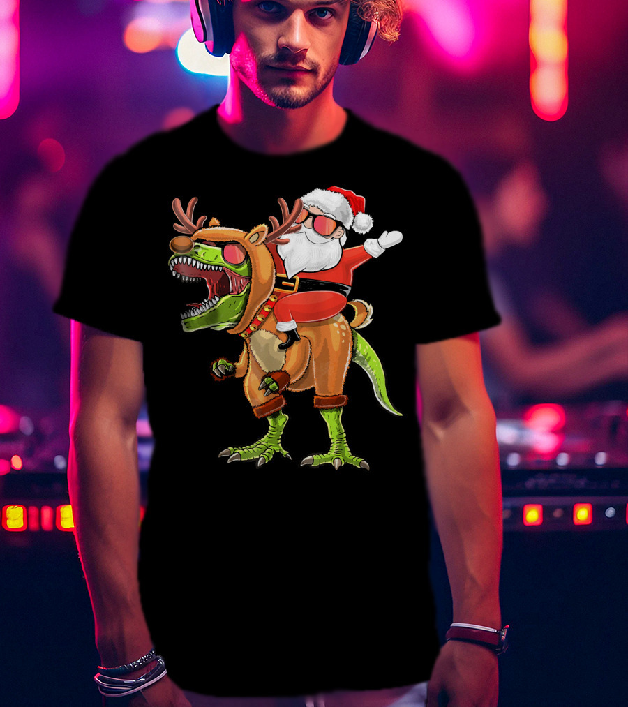 Santa Riding Reindeer Rex Dinosaur With Holiday Cheer T-Shirt