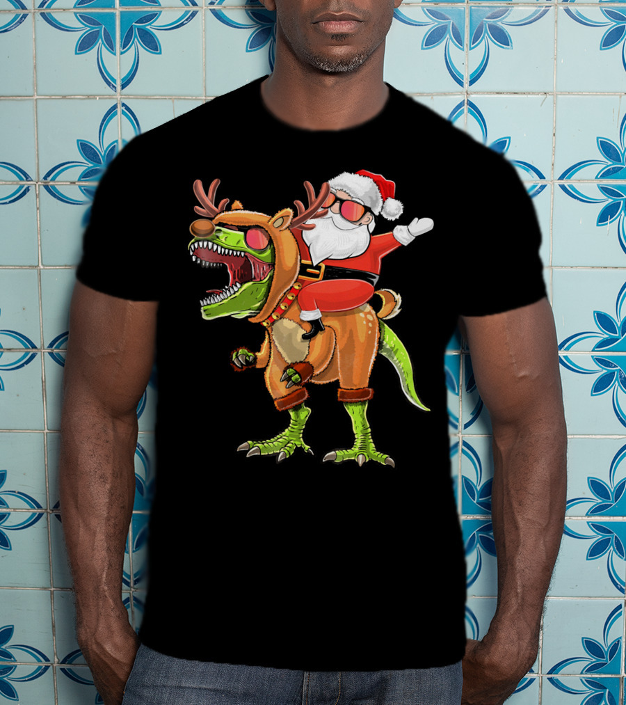 Santa Riding Reindeer Rex Dinosaur With Holiday Cheer T-Shirt