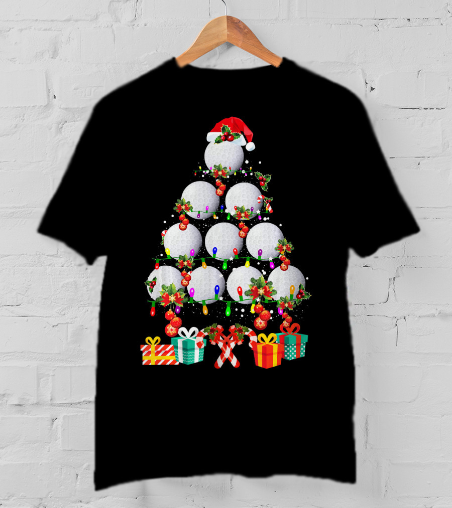 Golf Ball Christmas Tree Santa Hat Holiday Gifts T-Shirt