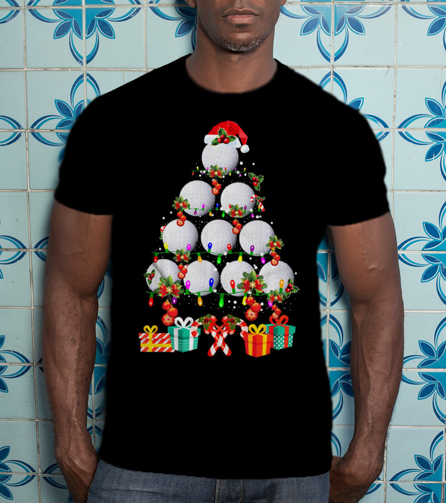 Golf Ball Christmas Tree Santa Hat Holiday Gifts T-Shirt