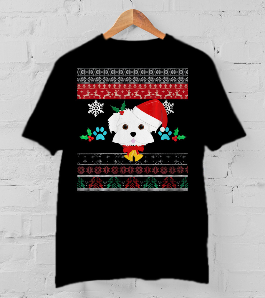 Maltese Dog Santa Hat Ugly Christmas Sweater Pattern Snowflakes Hollys Paws T-Shirt