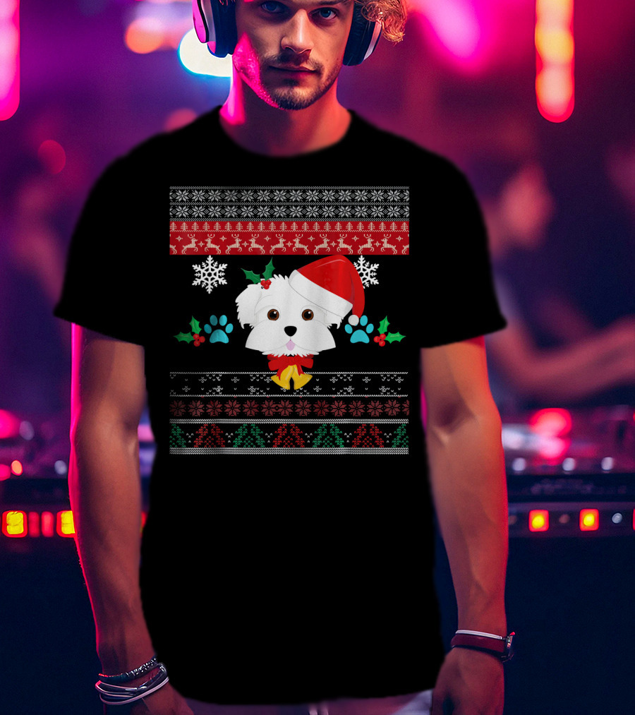 Maltese Dog Santa Hat Ugly Christmas Sweater Pattern Snowflakes Hollys Paws T-Shirt