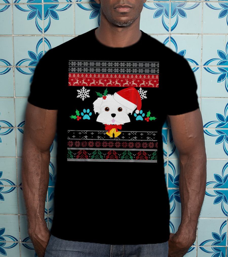 Maltese Dog Santa Hat Ugly Christmas Sweater Pattern Snowflakes Hollys Paws T-Shirt