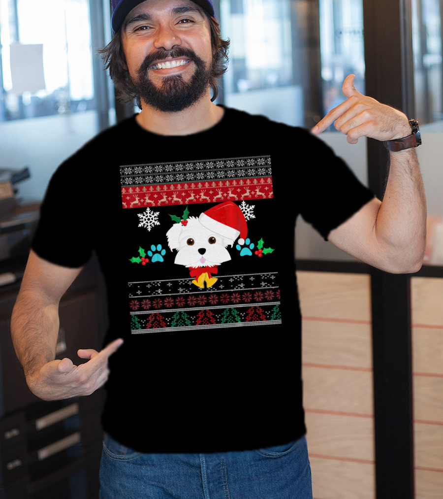 Maltese Dog Santa Hat Ugly Christmas Sweater Pattern Snowflakes Hollys Paws T-Shirt