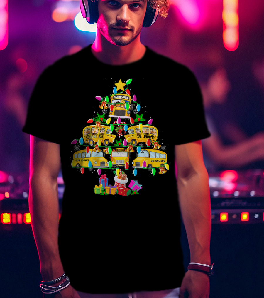 School Bus Driver Holiday Tree With Festive Lights And Gifts T-Shirt