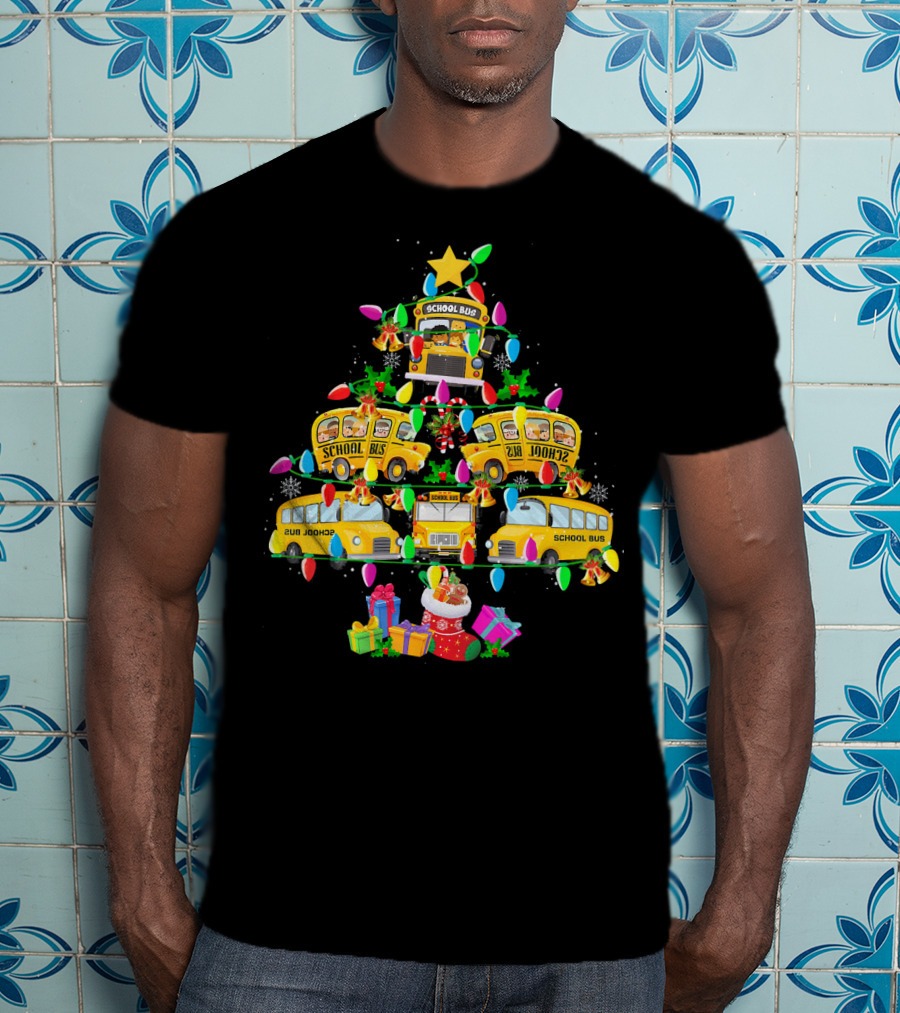 School Bus Driver Holiday Tree With Festive Lights And Gifts T-Shirt