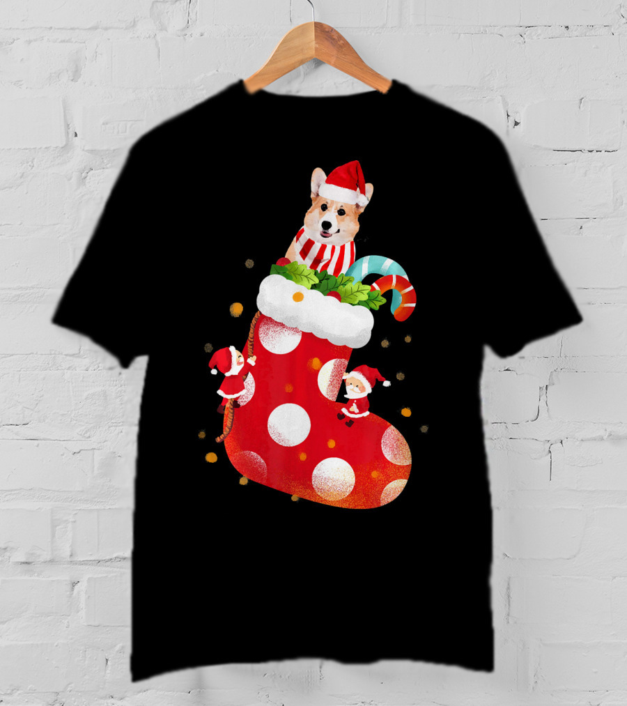 Christmas Corgi Dog In Santa Hat And Striped Scarf In Festive Stocking With Candy Cane T-Shirt