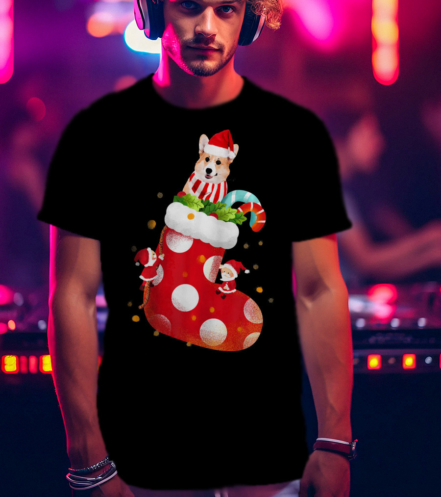 Christmas Corgi Dog In Santa Hat And Striped Scarf In Festive Stocking With Candy Cane T-Shirt