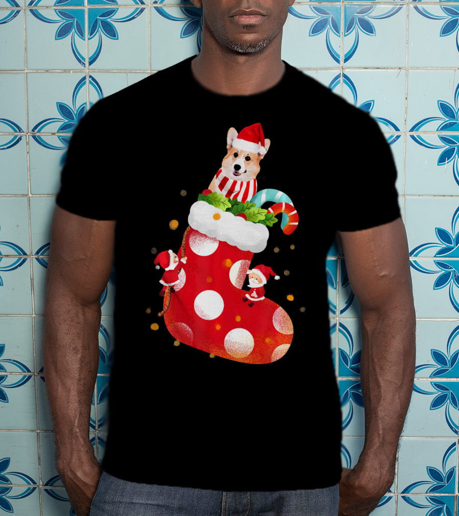 Christmas Corgi Dog In Santa Hat And Striped Scarf In Festive Stocking With Candy Cane T-Shirt