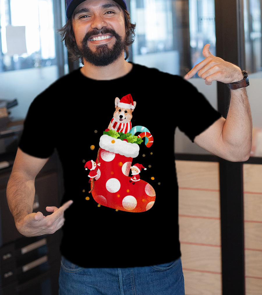 Christmas Corgi Dog In Santa Hat And Striped Scarf In Festive Stocking With Candy Cane T-Shirt