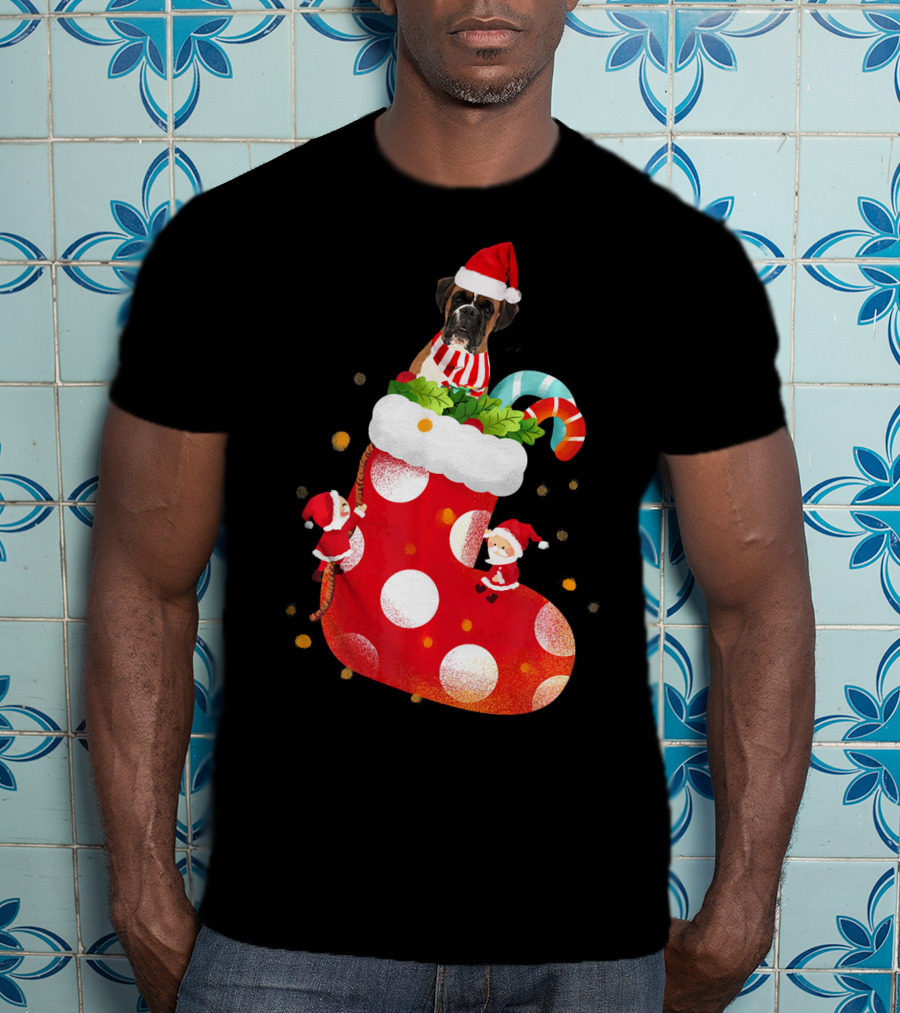 Christmas Boxer Dog Inside Santa Hat Sock With Candy Cane T-Shirt