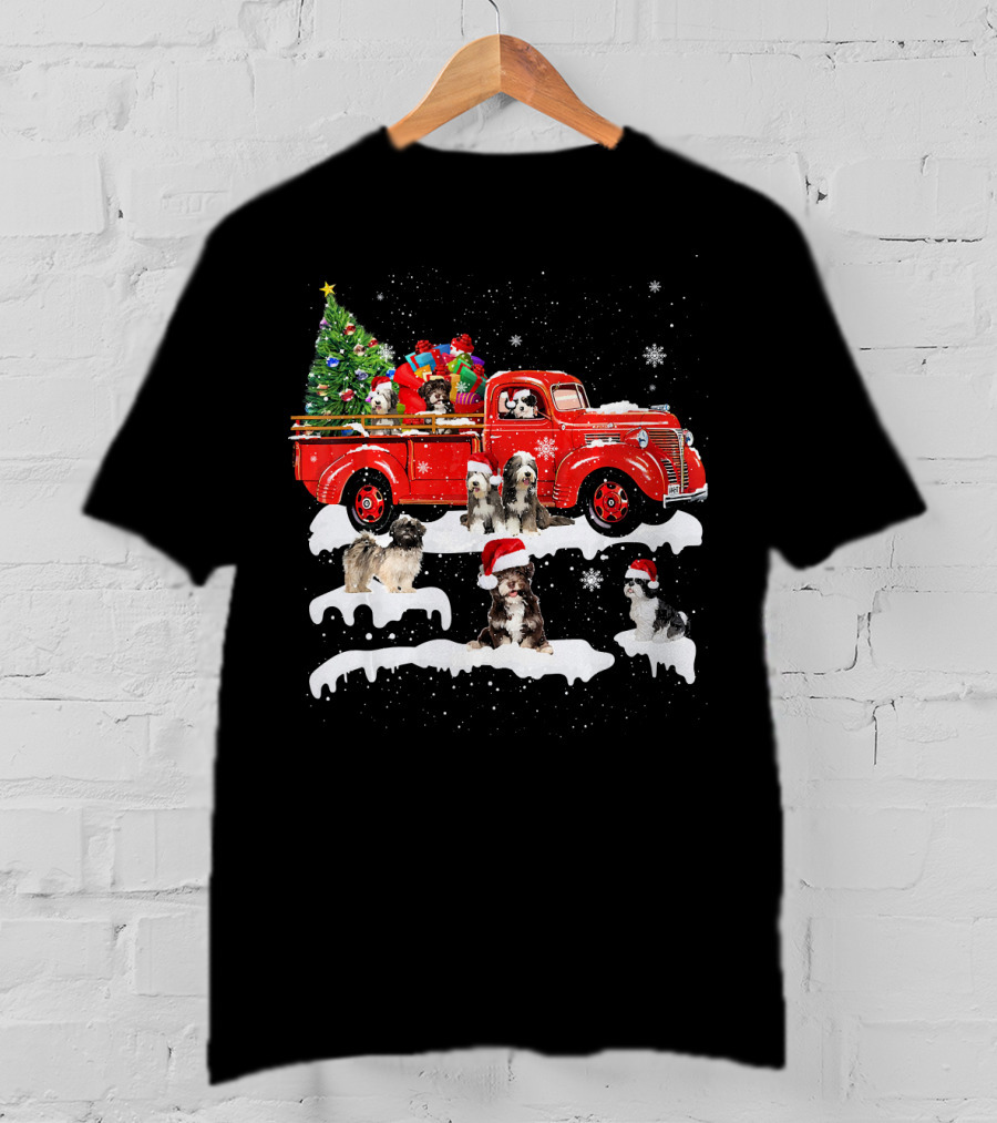 Tibetan Terrier Santa Hats Riding Red Truck With Christmas Tree And Gifts Snowflakes T-Shirt