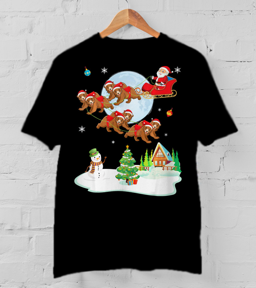 Santa Claus Sleigh With Bears And Snowman By Moonlit Cabin Noel T-Shirt