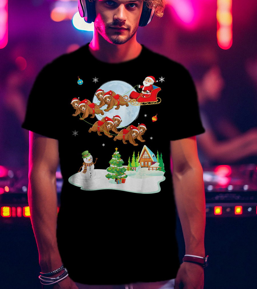 Santa Claus Sleigh With Bears And Snowman By Moonlit Cabin Noel T-Shirt