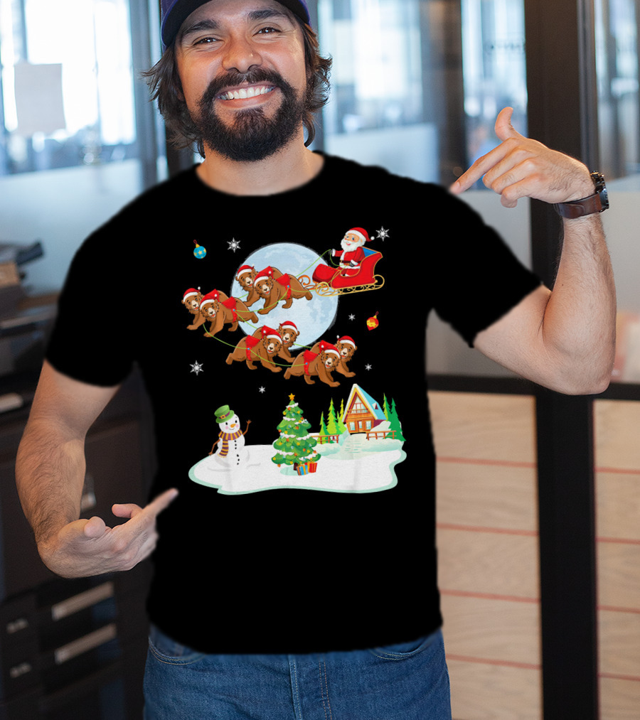 Santa Claus Sleigh With Bears And Snowman By Moonlit Cabin Noel T-Shirt
