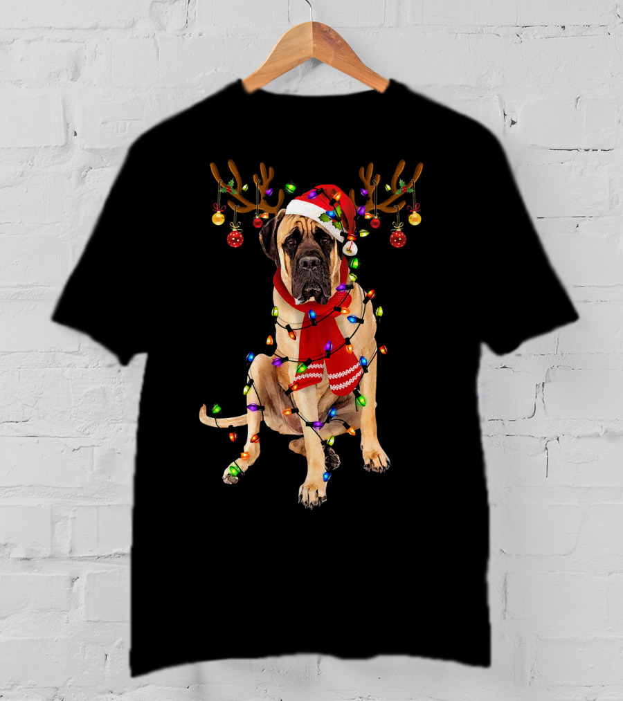 English Mastiff Christmas Lights Reindeer Antlers Santa Hat Scarf T-Shirt
