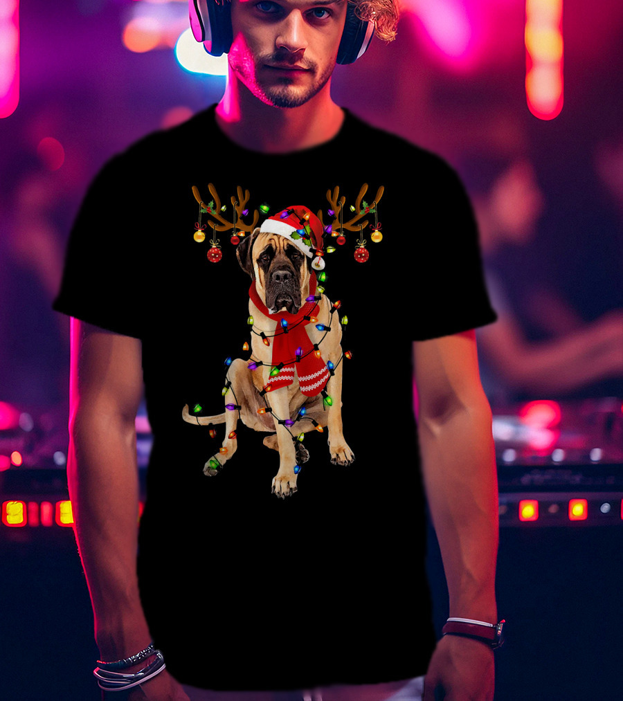 English Mastiff Christmas Lights Reindeer Antlers Santa Hat Scarf T-Shirt