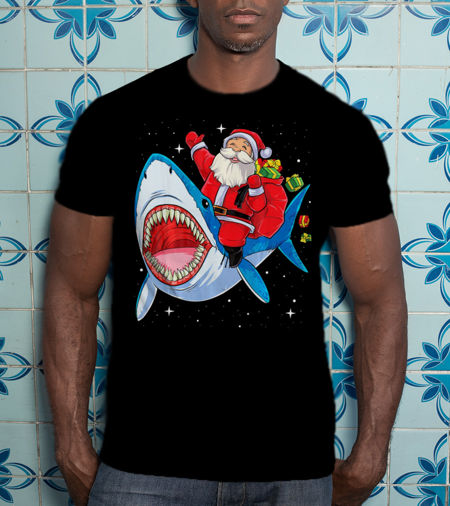 Christmas Kids Santa Riding Shark With Gifts T-Shirt