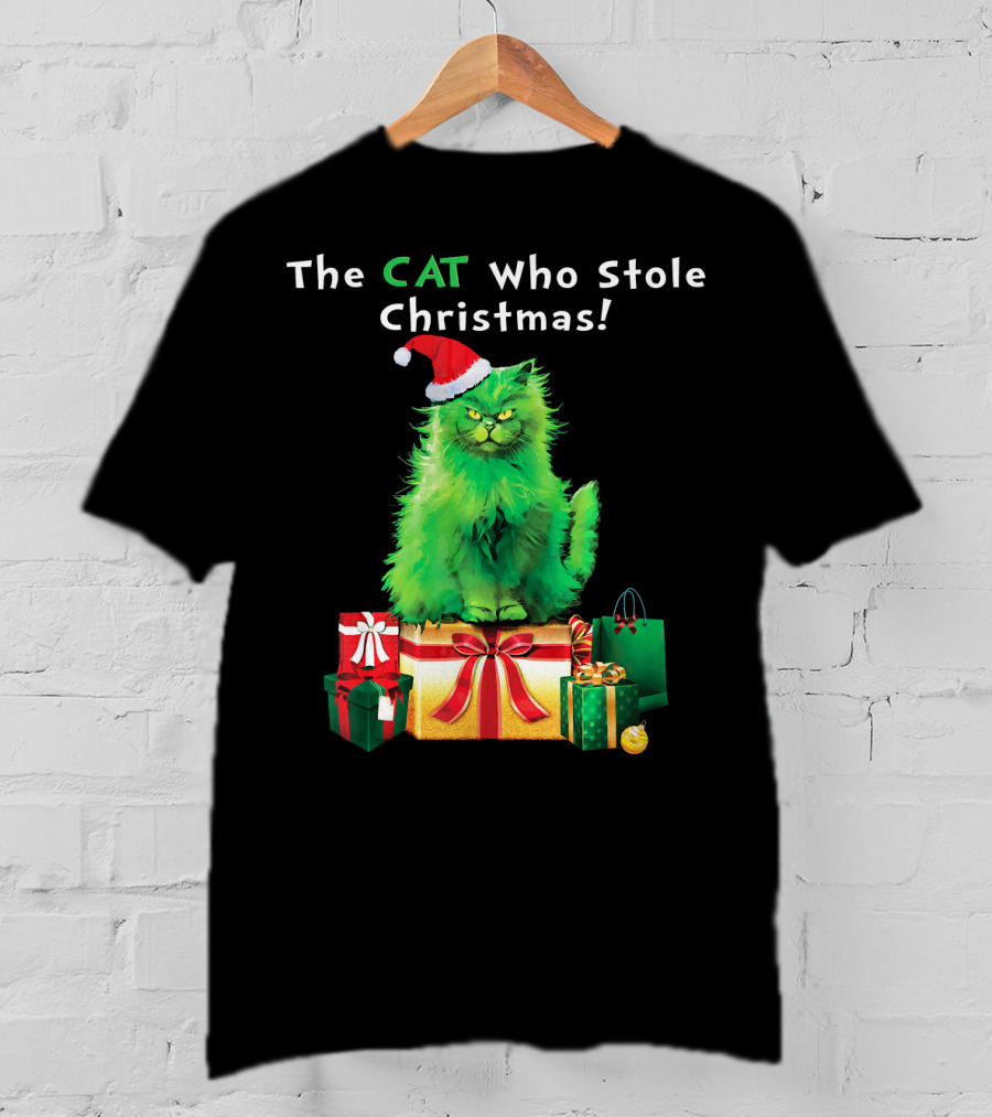The CAT Who Stole Christmas Holiday Purr With Santa Hat And Gifts T-Shirt