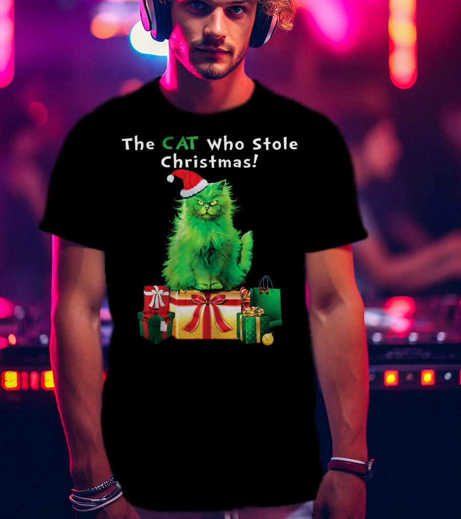 The CAT Who Stole Christmas Holiday Purr With Santa Hat And Gifts T-Shirt