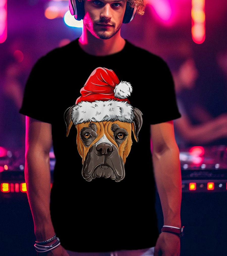 Boxer Dog With Santa Hat Christmas Holiday T-Shirt