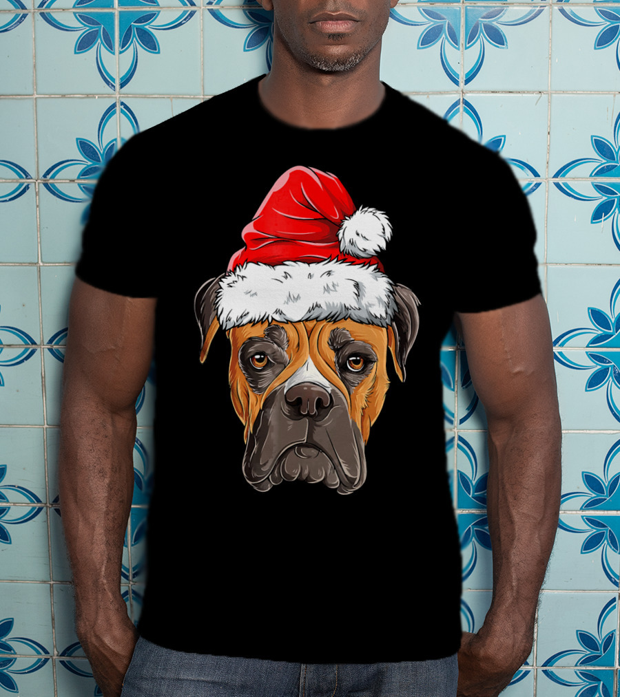 Boxer Dog With Santa Hat Christmas Holiday T-Shirt