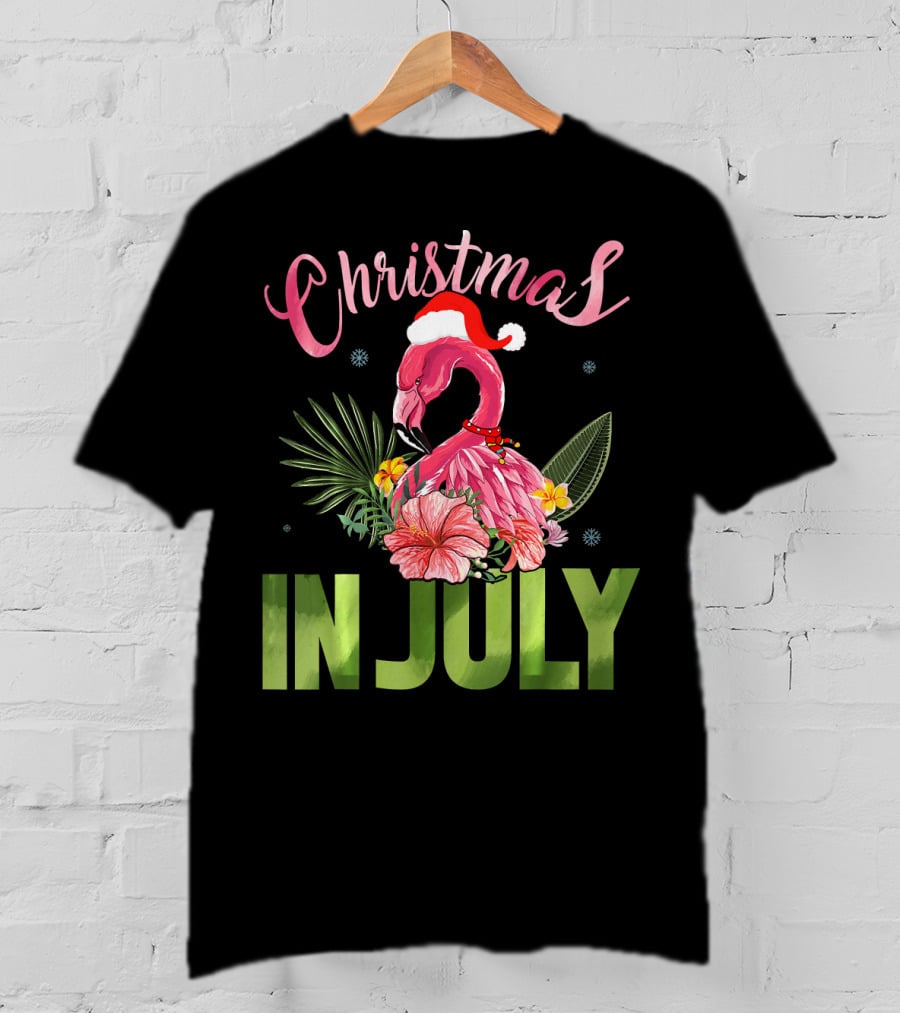 Christmas In July Cute Santa Hat Flamingo Summer T-Shirt