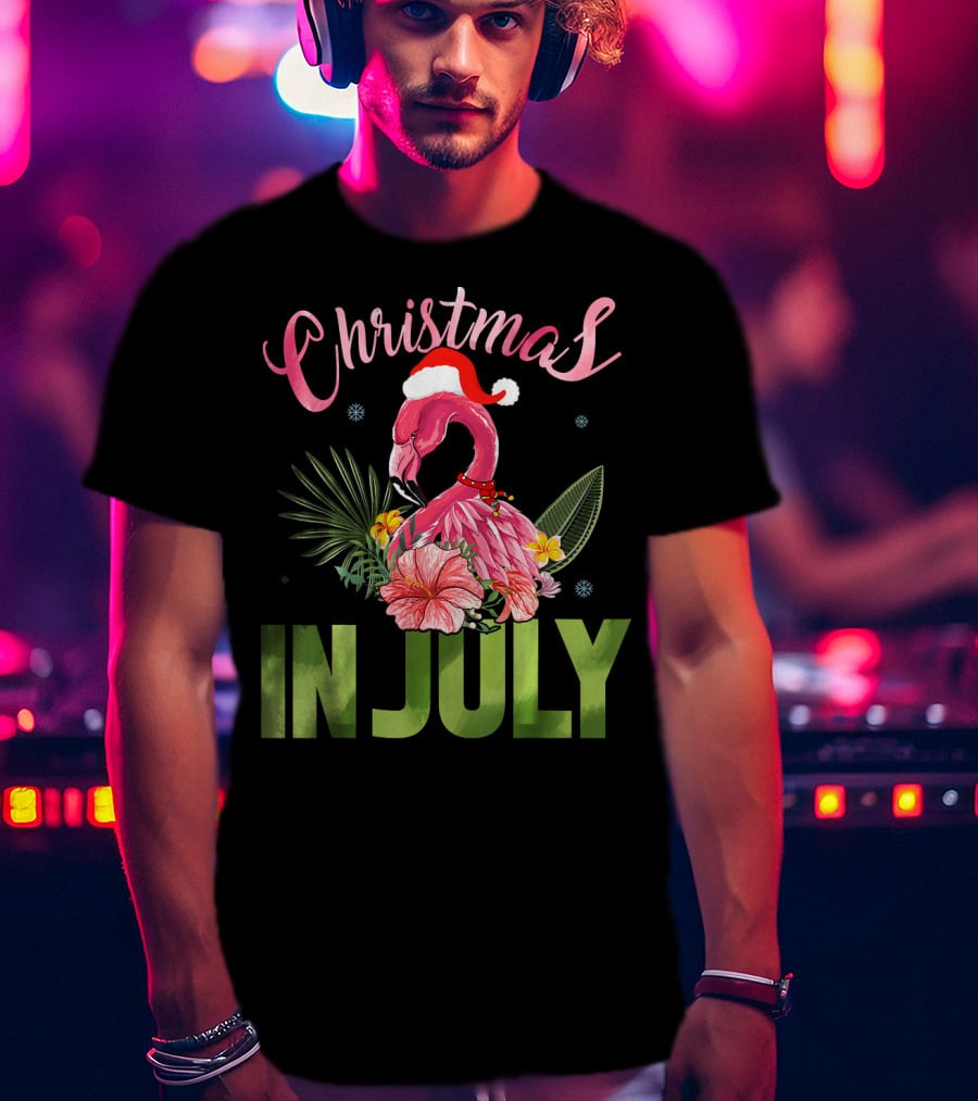 Christmas In July Cute Santa Hat Flamingo Summer T-Shirt