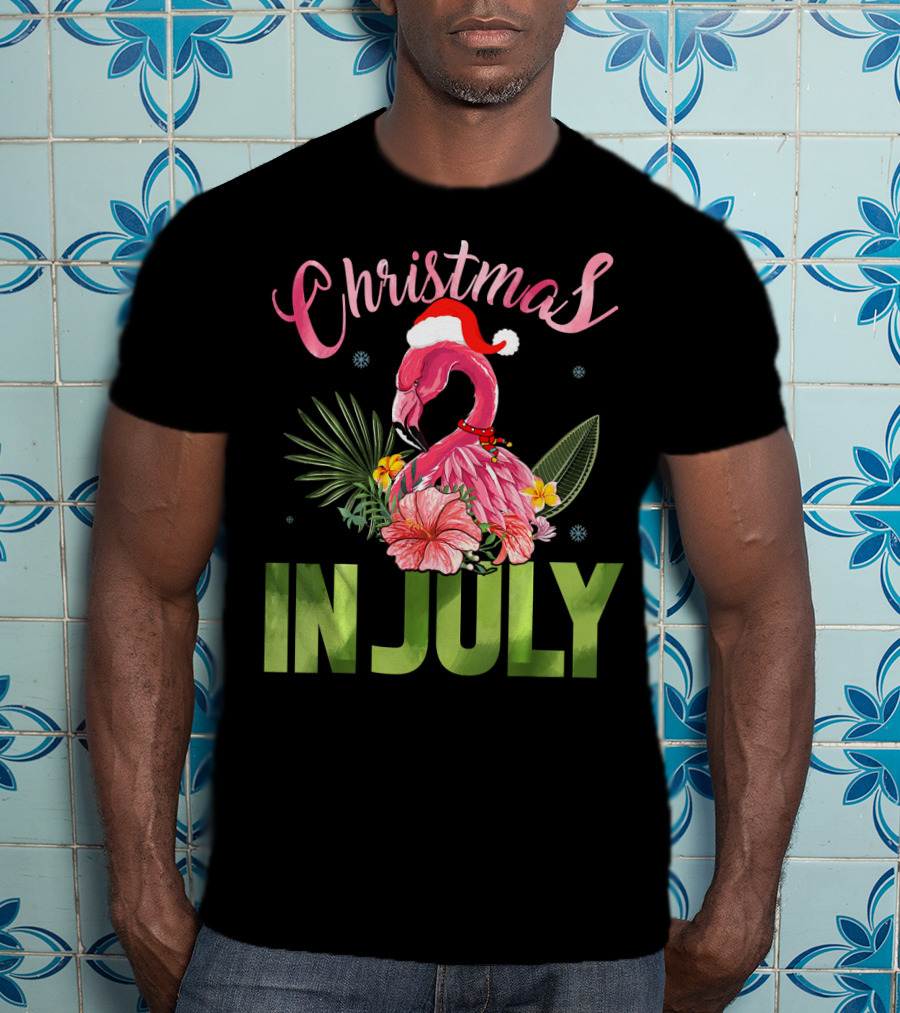 Christmas In July Cute Santa Hat Flamingo Summer T-Shirt