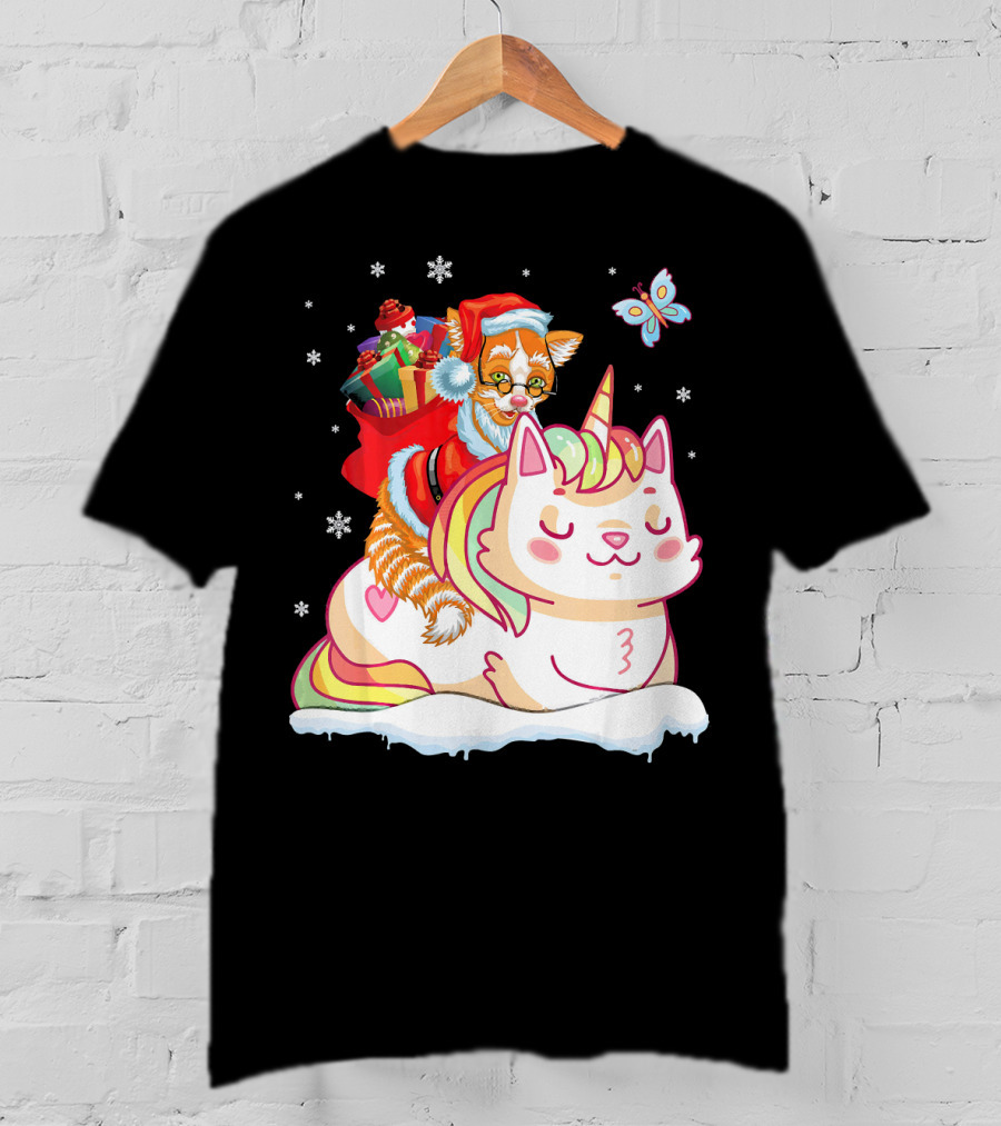 Santa Cat Riding Unicorn With Christmas Presents And Butterfly T-Shirt
