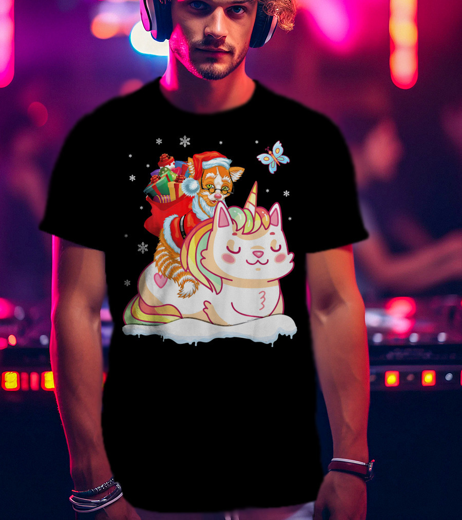 Santa Cat Riding Unicorn With Christmas Presents And Butterfly T-Shirt
