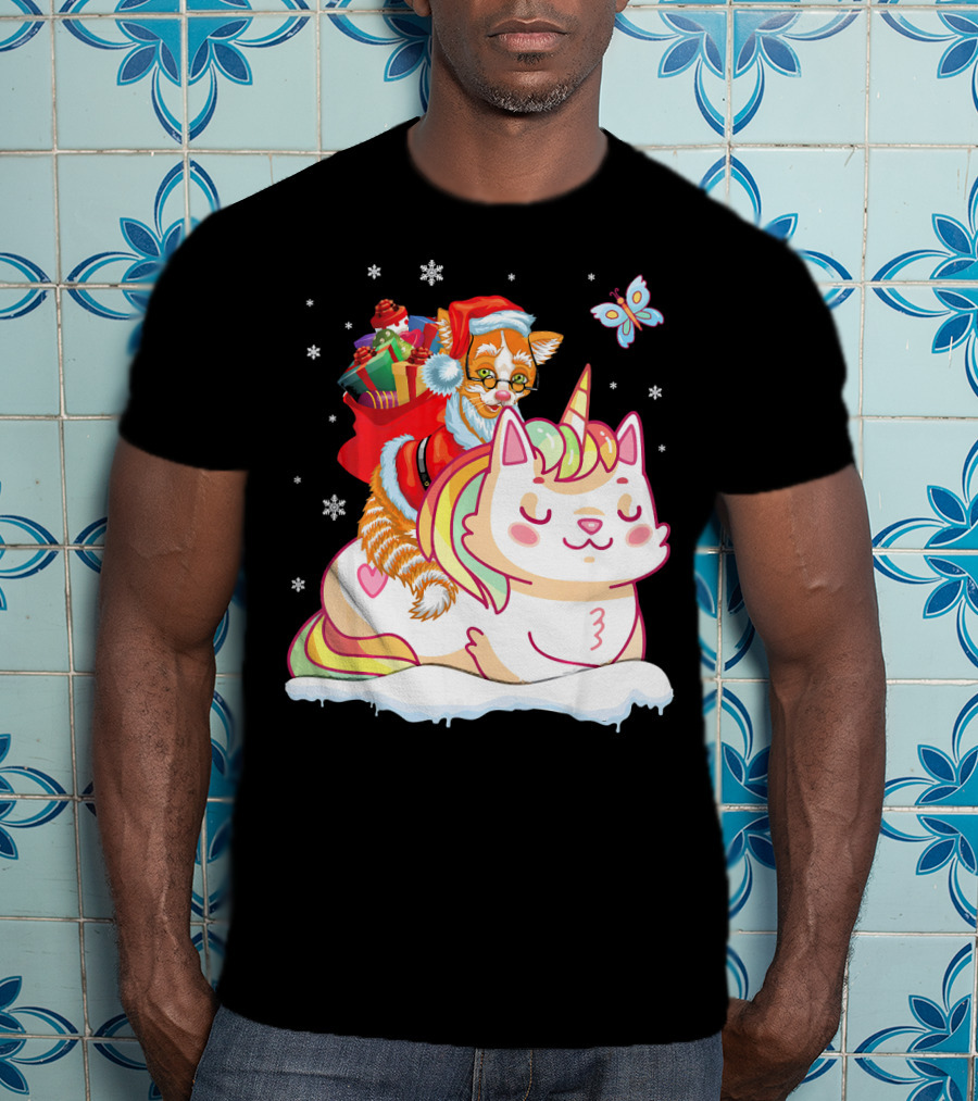 Santa Cat Riding Unicorn With Christmas Presents And Butterfly T-Shirt