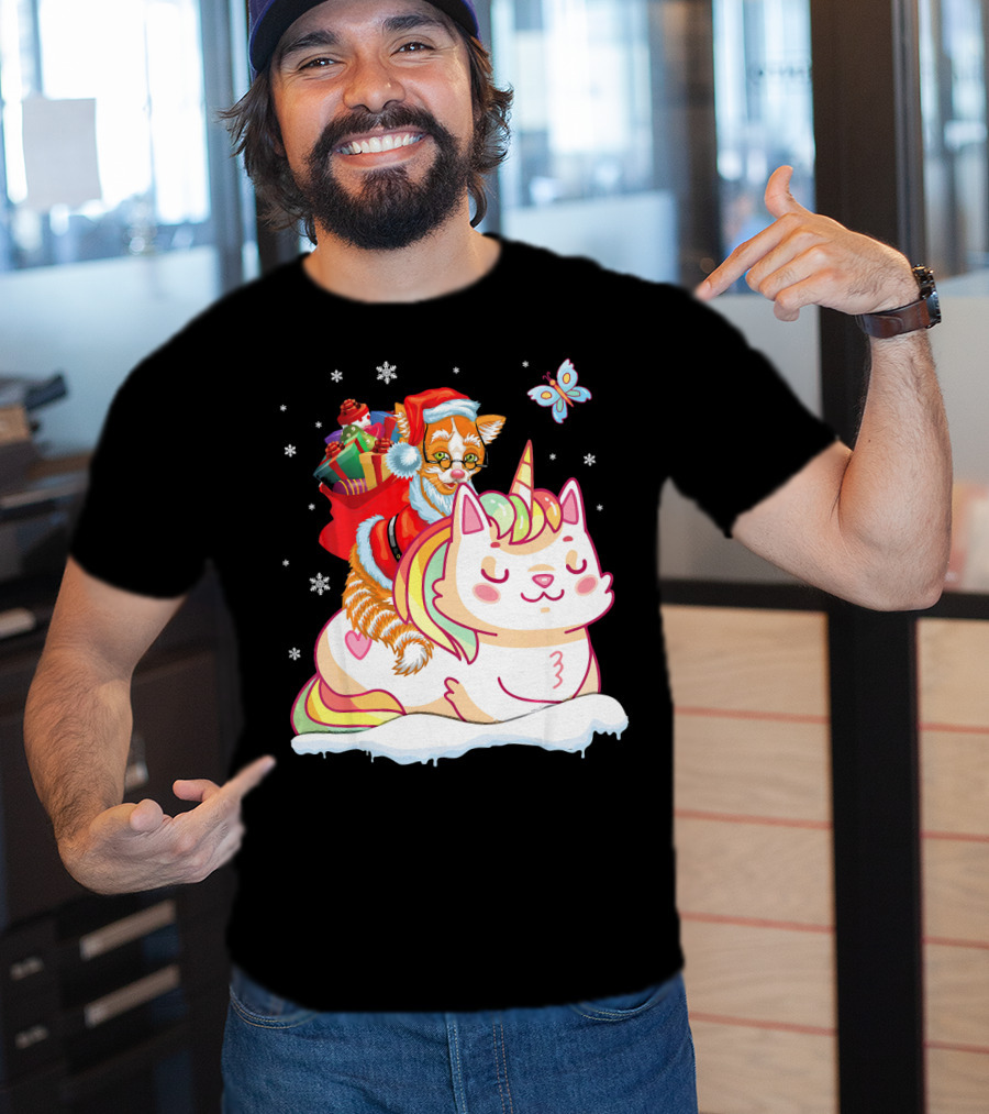 Santa Cat Riding Unicorn With Christmas Presents And Butterfly T-Shirt