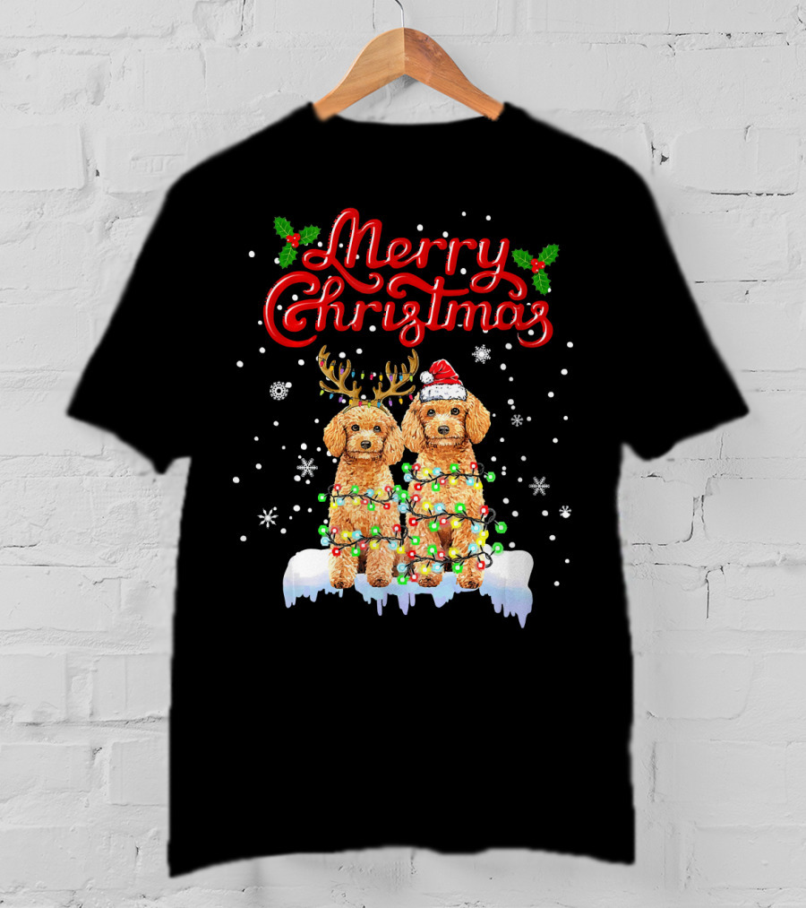 Merry Christmas Poodle Lights Funny Dog Matching T-Shirt