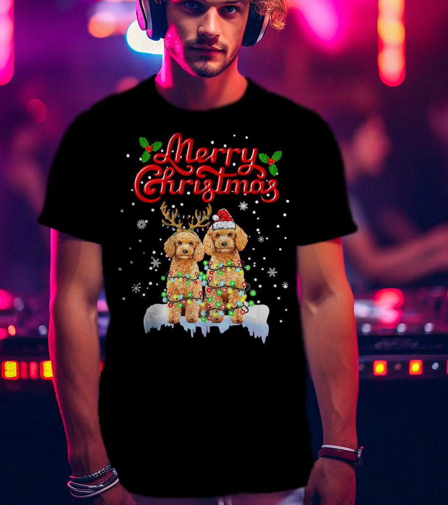Merry Christmas Poodle Lights Funny Dog Matching T-Shirt