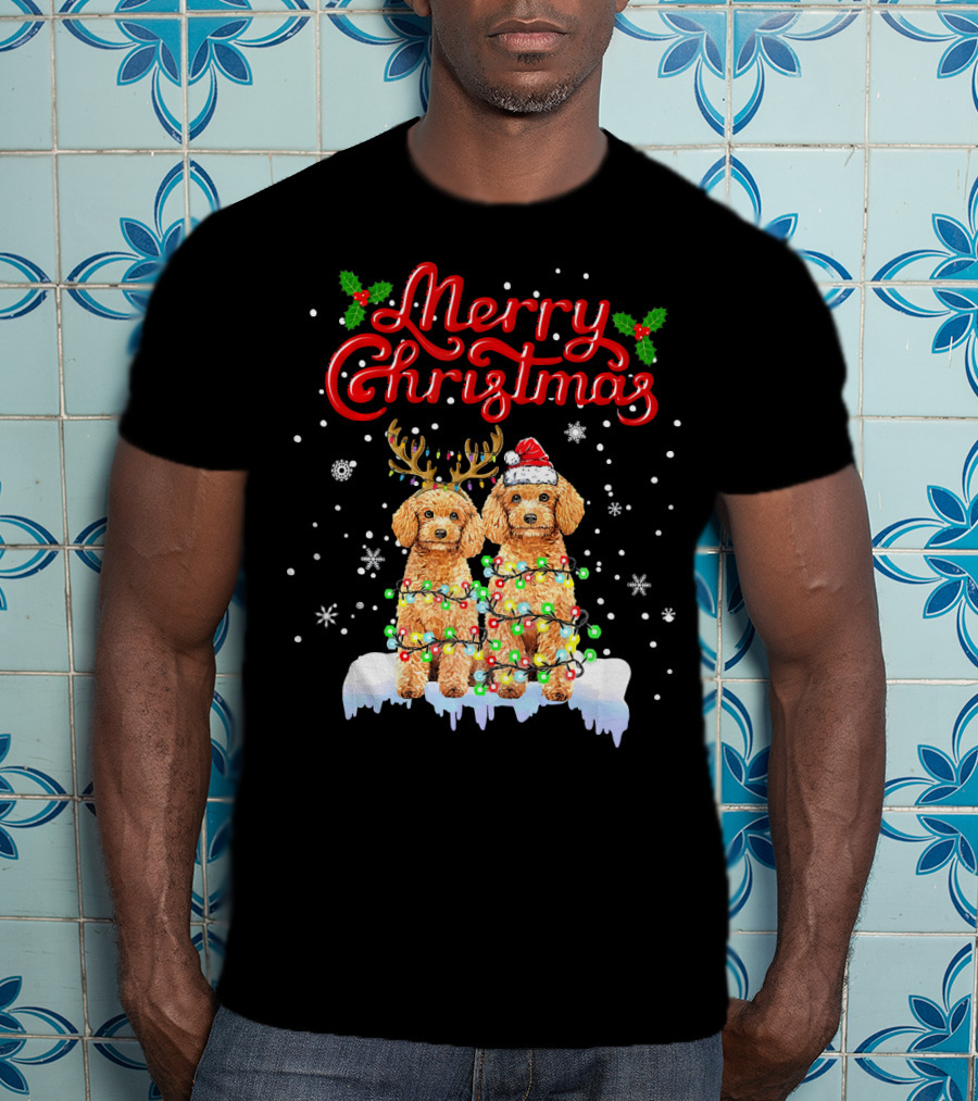 Merry Christmas Poodle Lights Funny Dog Matching T-Shirt