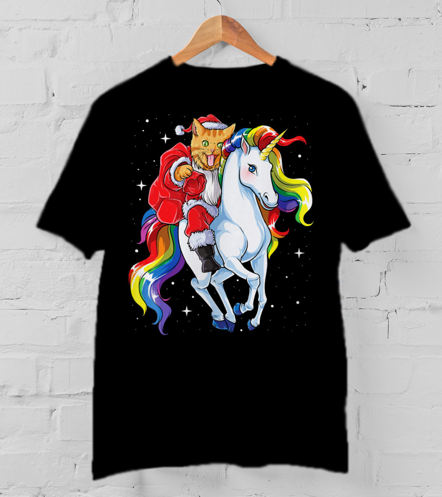 Cat Santa Riding Rainbow Unicorn Christmas Girl T-Shirt