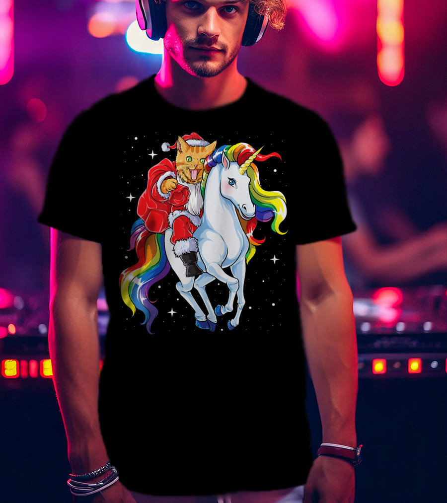 Cat Santa Riding Rainbow Unicorn Christmas Girl T-Shirt