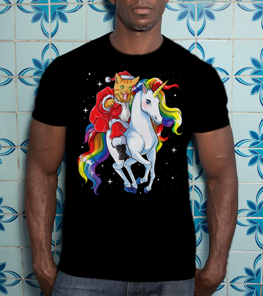 Cat Santa Riding Rainbow Unicorn Christmas Girl T-Shirt