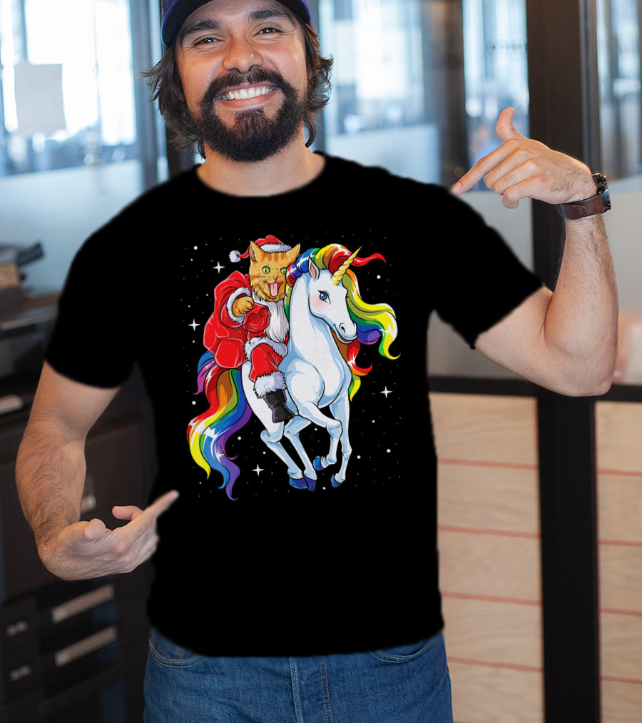 Cat Santa Riding Rainbow Unicorn Christmas Girl T-Shirt