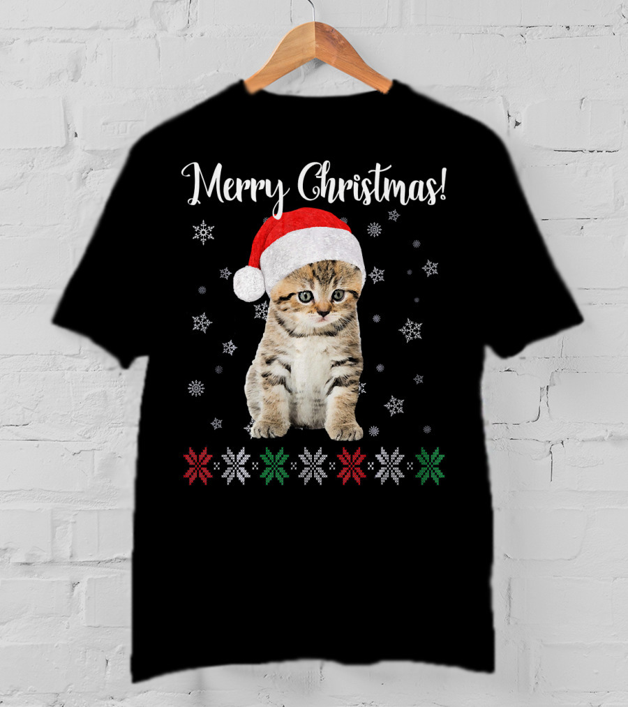 Merry Christmas Cat Wearing Santa Hat With Snowflakes And Festive Stars T-Shirt