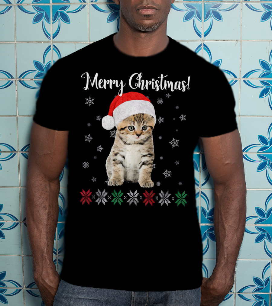 Merry Christmas Cat Wearing Santa Hat With Snowflakes And Festive Stars T-Shirt