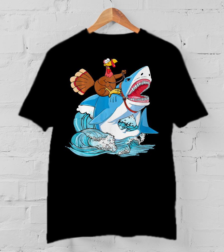 Dabbing Turkey Riding Great White Shark Waves T-Shirt