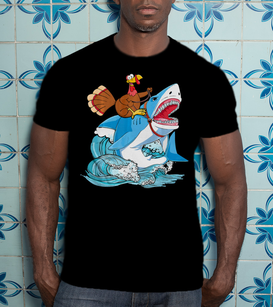 Dabbing Turkey Riding Great White Shark Waves T-Shirt