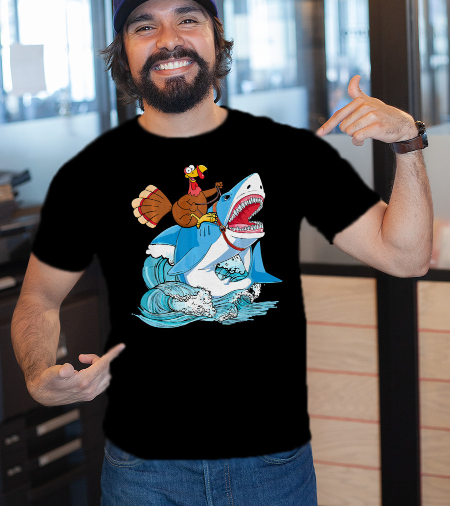 Dabbing Turkey Riding Great White Shark Waves T-Shirt