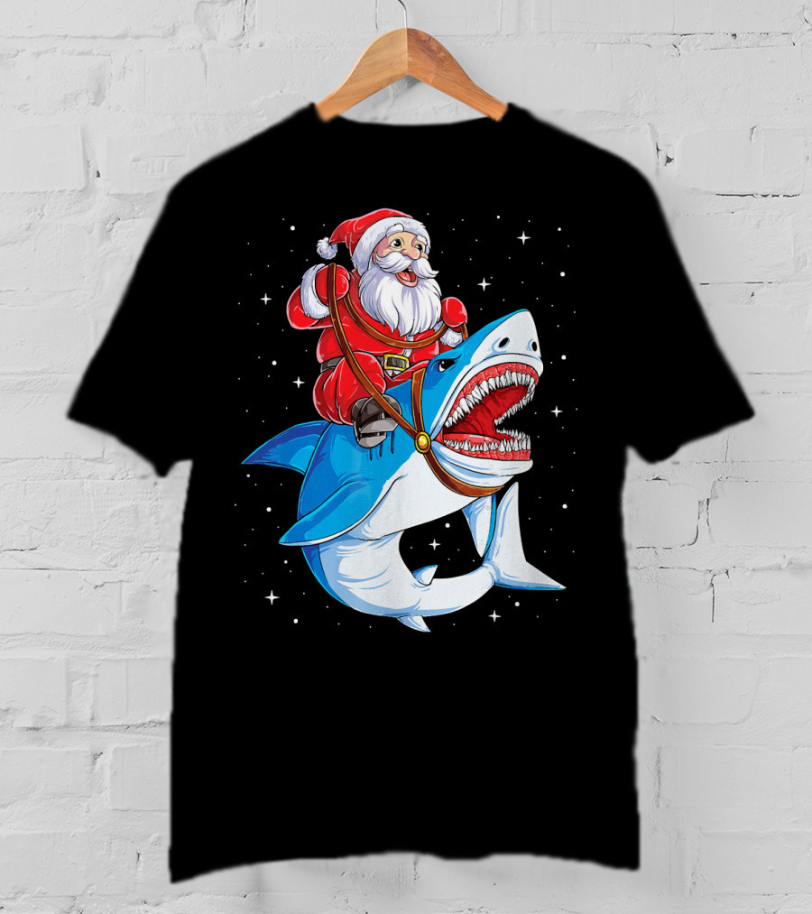 Santa Riding Shark Christmas Boys Santa Shark T-Shirt