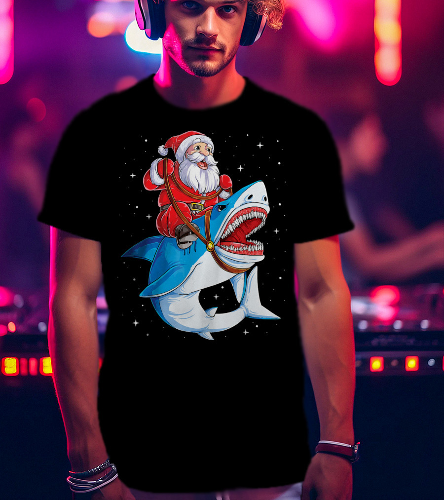 Santa Riding Shark Christmas Boys Santa Shark T-Shirt