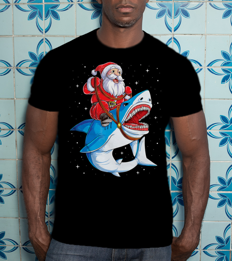 Santa Riding Shark Christmas Boys Santa Shark T-Shirt